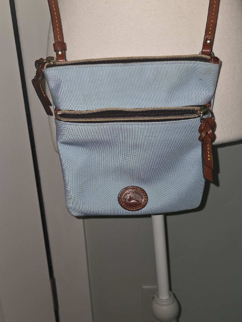 Light Blue Dooney And Bourke Crossbody Bag with Leather Trim